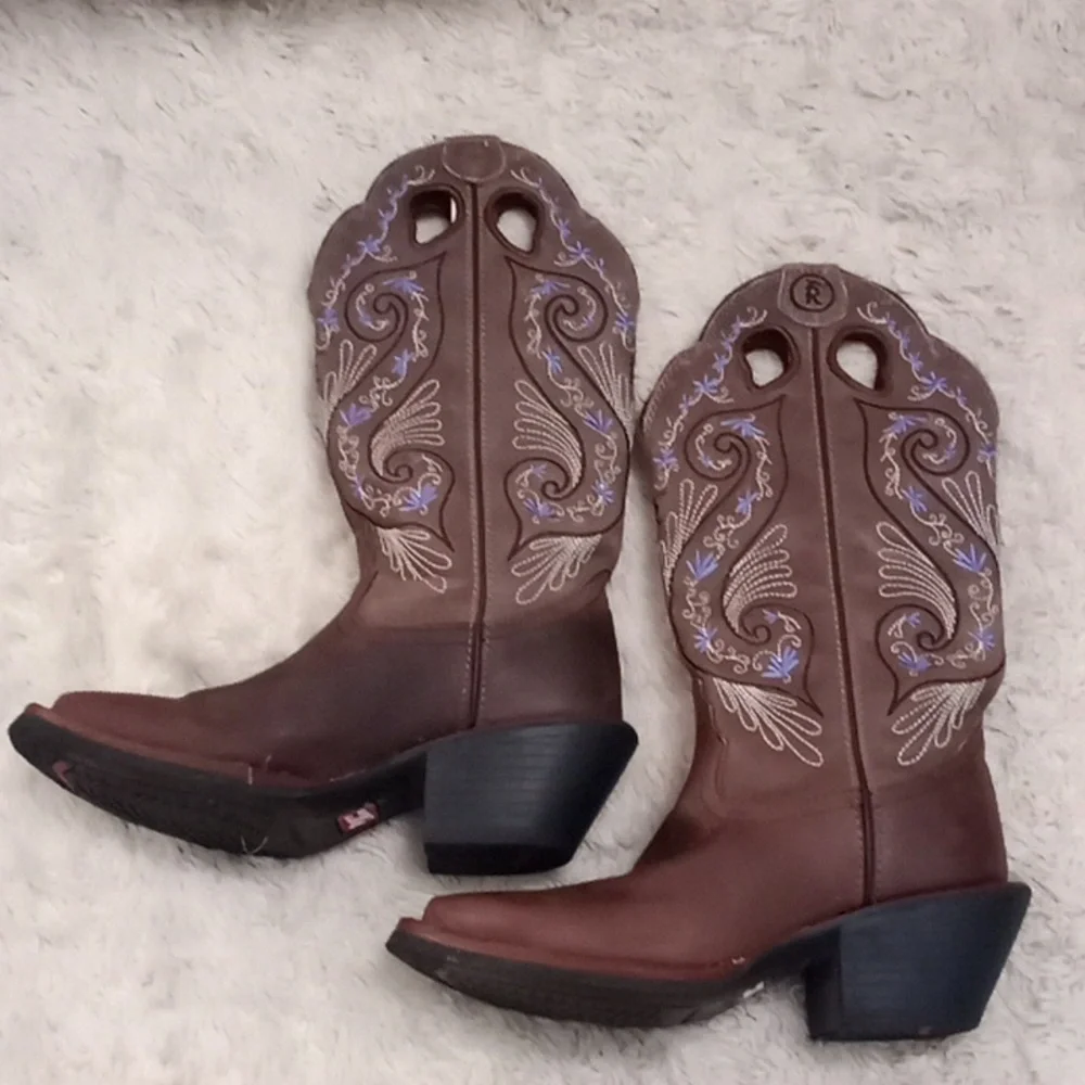 Tony Lama Deadstock Leather Purple Floral Tooled Western Cowboy Boot